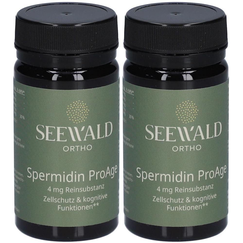 Zwei Flaschen mit schwarzem Deckel. Aufschrift: SEEWALD ORTHO, Spermidin ProAge, 4 mg Reinsubstanz. Zellschutz & kognitive Funktionen.