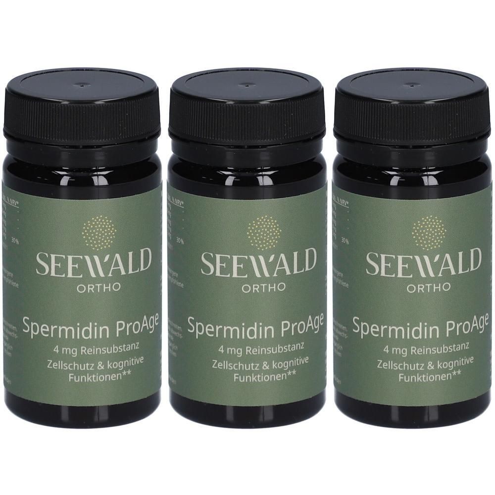 Drei Flaschen mit schwarzem Deckel und grünem Etikett. Aufschrift: SEEWALD ORTHO, Spermidin ProAge, 4 mg Reinsubstanz.
