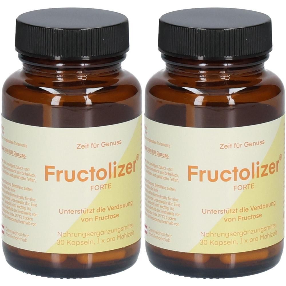 Zwei braune Glasflaschen mit schwarzen Deckeln. Auf den Etiketten steht "Fructolizer FORTE". Text: "Unterstützt die Verdauung von Fructose".