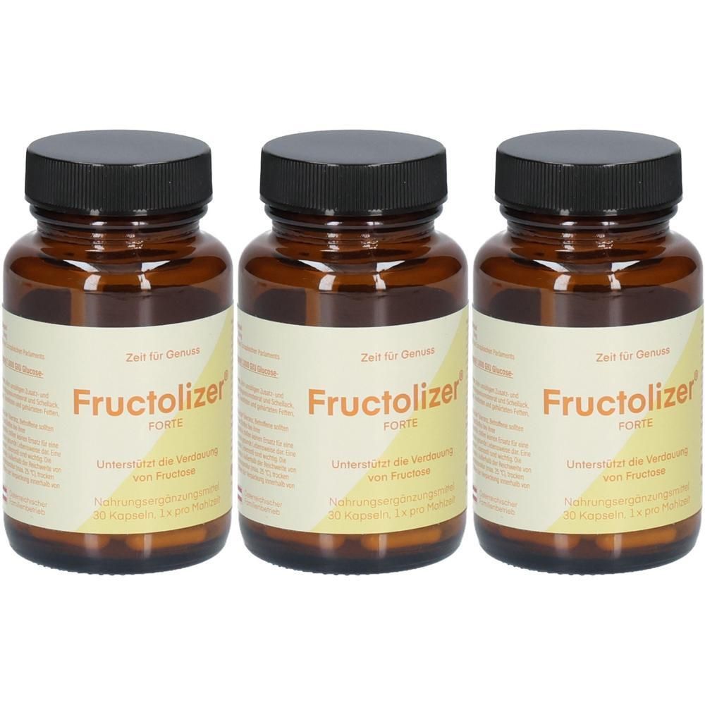 Drei braune Glasflaschen mit schwarzen Deckeln. Auf den Etiketten steht "Fructolizer FORTE".