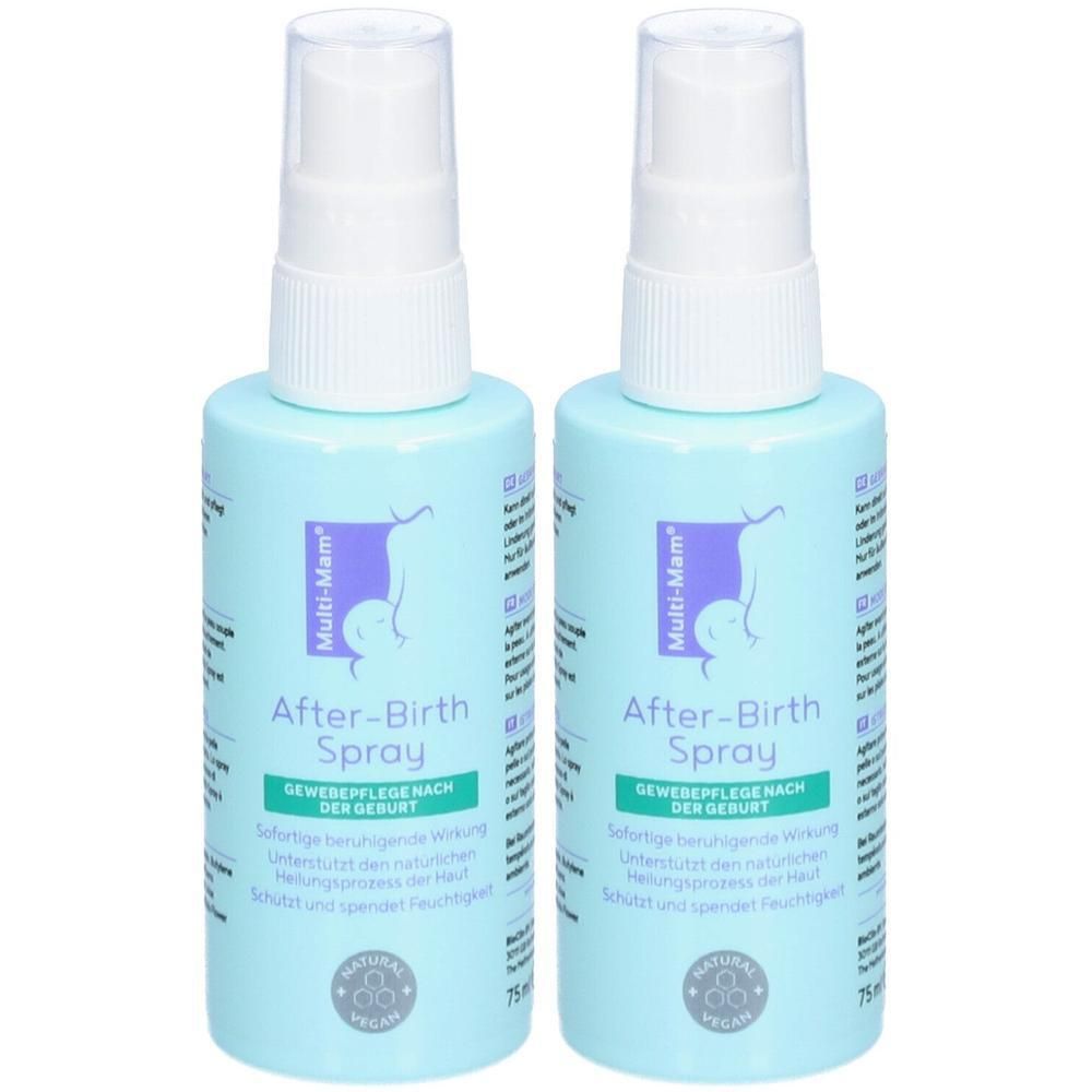 Zwei hellblaue Sprühflaschen. Aufschrift: After-Birth Spray, Gewebepflege nach der Geburt. Marke: Multi-Mam. Mit weißem Sprühkopf.