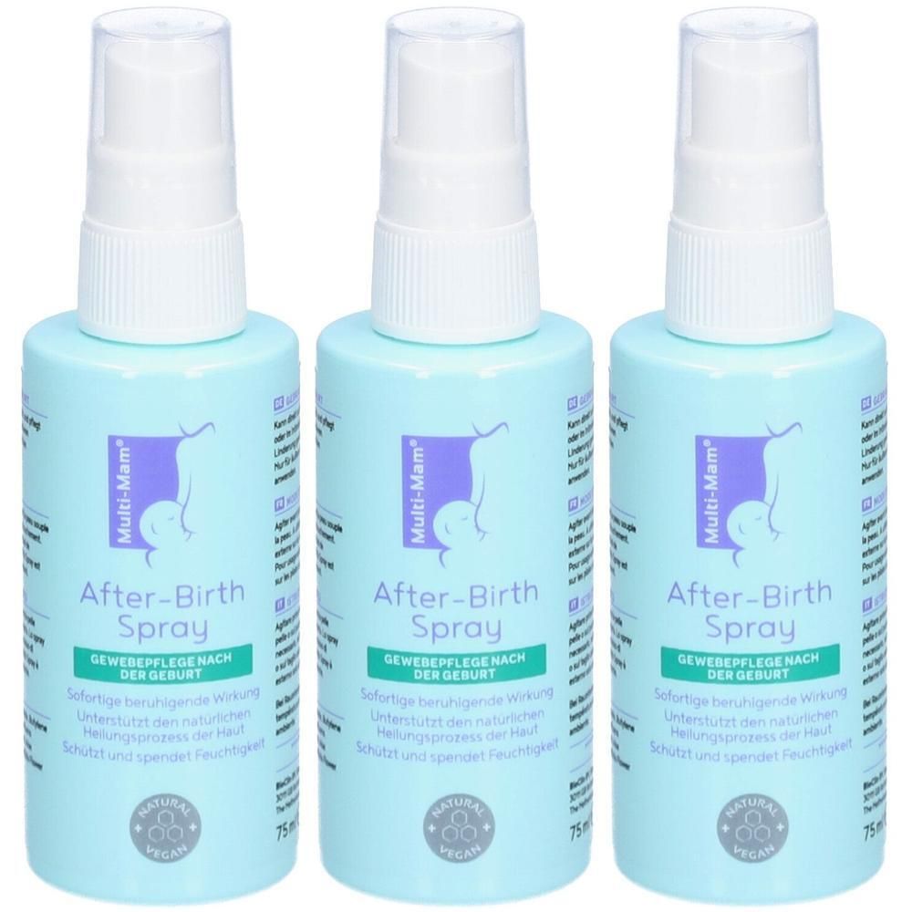 Drei Sprühflaschen mit weißem Sprühkopf. Aufschrift: After-Birth Spray, Multi-Mam. Grün-weiße Aufkleber mit Text und Logo.