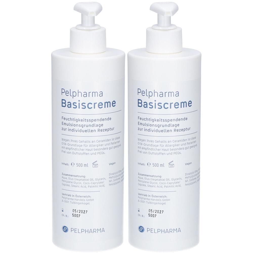 Zwei weiße Pumpflaschen Pelpharma Basiscreme, je 500 ml.
