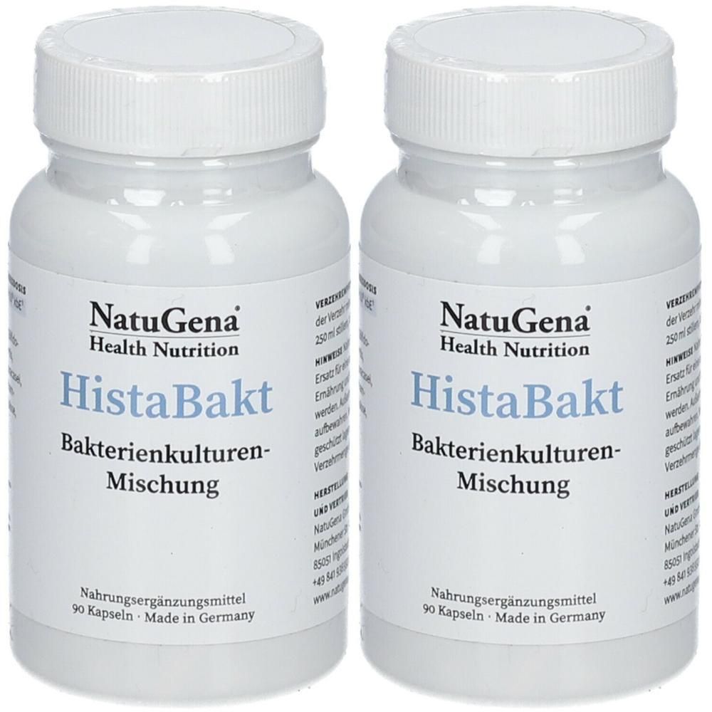 Zwei weiße Flaschen mit Schraubverschluss. Aufschrift: NatuGena Health Nutrition, HistaBakt Bakterienkulturen-Mischung. Nahrungsergänzungsmittel.