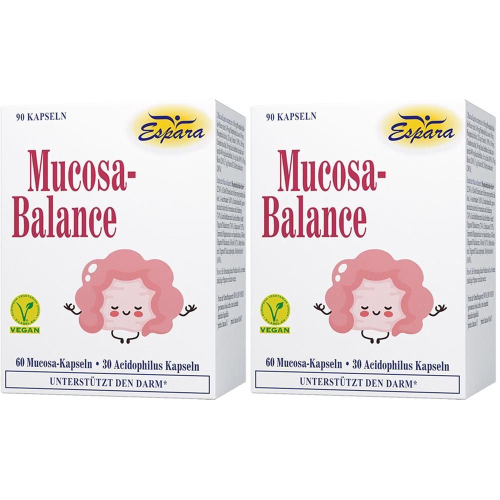 Zwei Packungen Espara Mucosa-Balance Kapseln mit je 90 Kapseln. Mit veganem Siegel und Darm-Symbol.