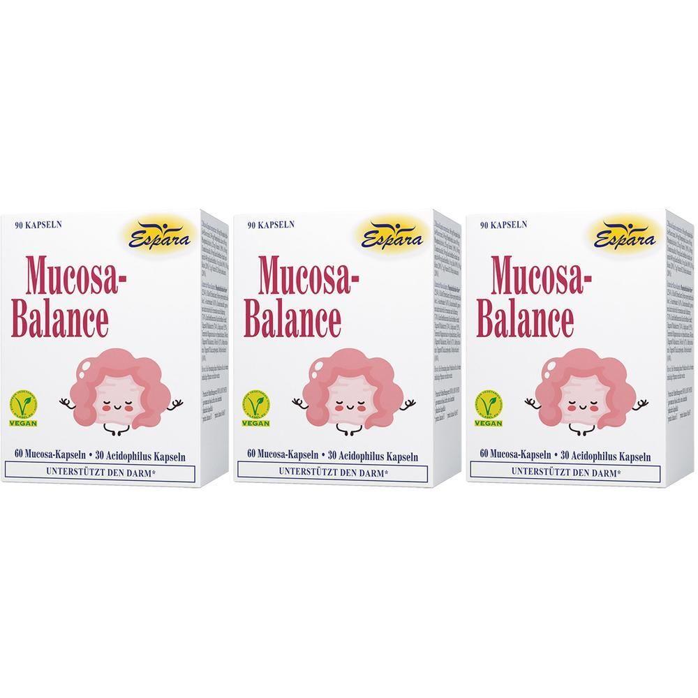 Drei Packungen Mucosa-Balance von Espara mit je 60 Kapseln und einer Darm-Illustration.