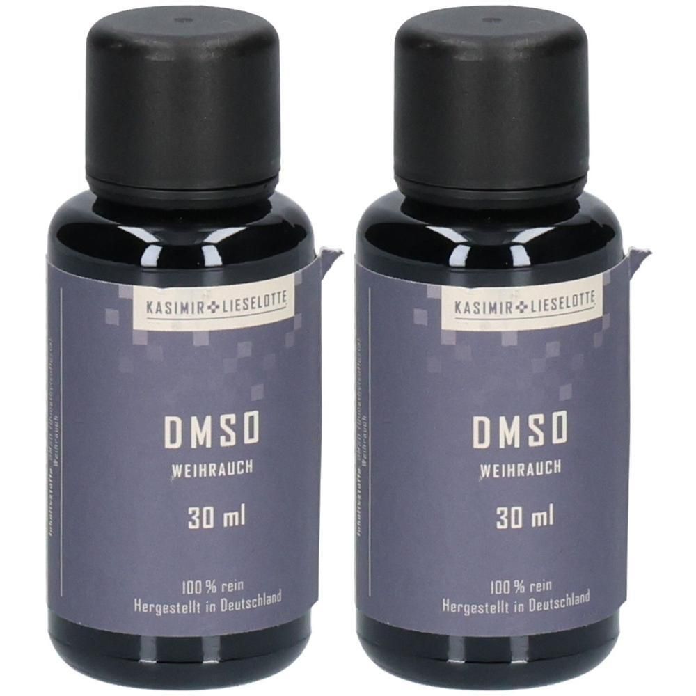 Zwei Flaschen mit schwarzem Deckel und Etikett. Auf dem Etikett steht "DMSO WEIHRAUCH 30 ml". Marke: KASIMIR LIESELOTTE.