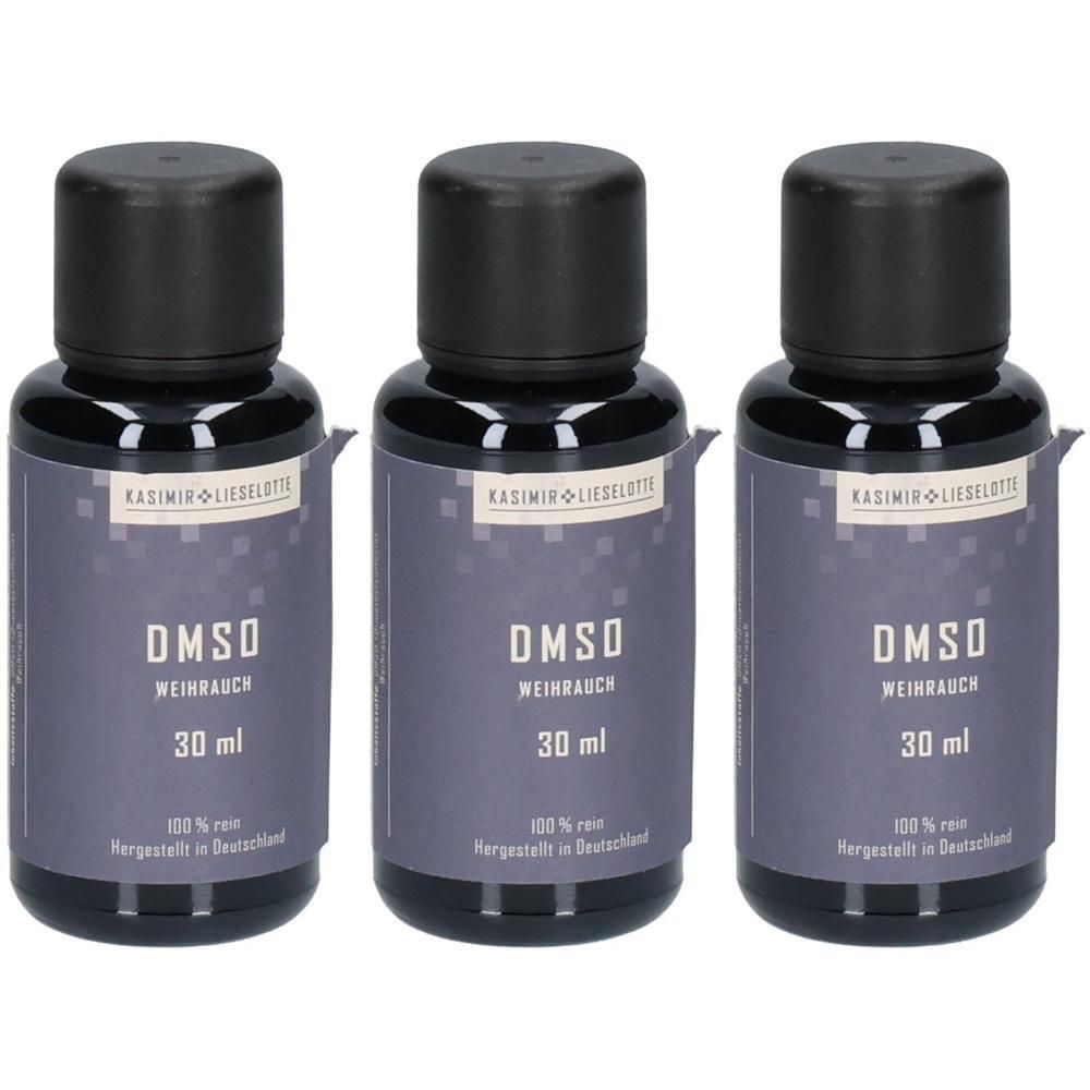 Drei Flaschen mit schwarzem Deckel und Etikett. Aufschrift: DMSO Weihrauch, 30 ml. Hergestellt in Deutschland.
