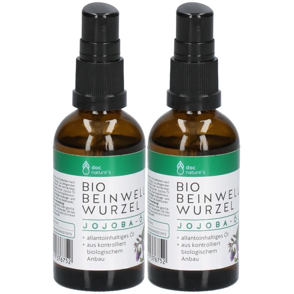 Zwei braune Glasflaschen mit schwarzem Sprühkopf. Auf den Etiketten steht "BIO BEINWELL WURZEL JOJOBA-Öl".