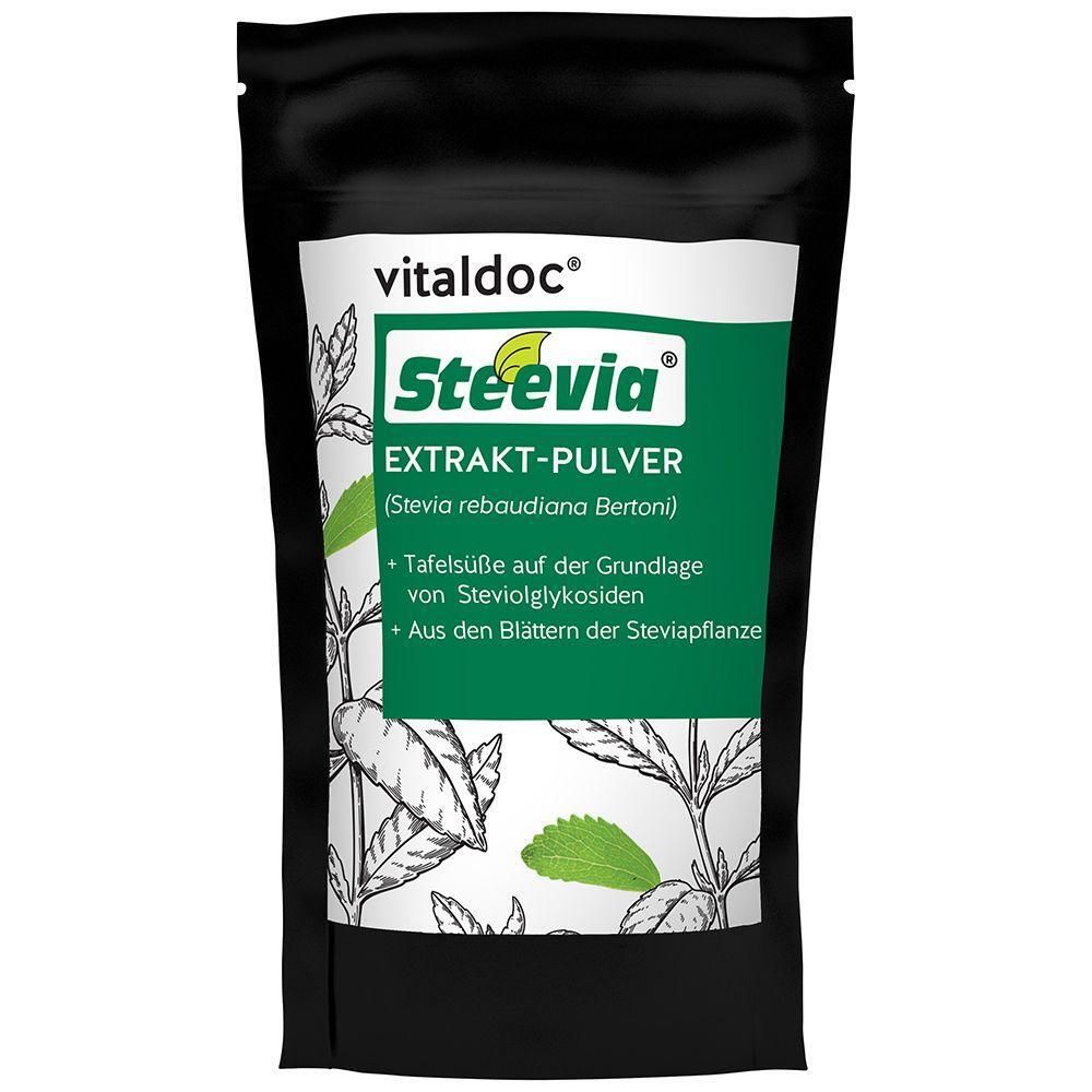 Schwarzer Beutel mit weißem Etikett. Aufschrift: vitaldoc Steevia Extrakt-Pulver. Enthält Steviolglykoside aus Steviablättern.