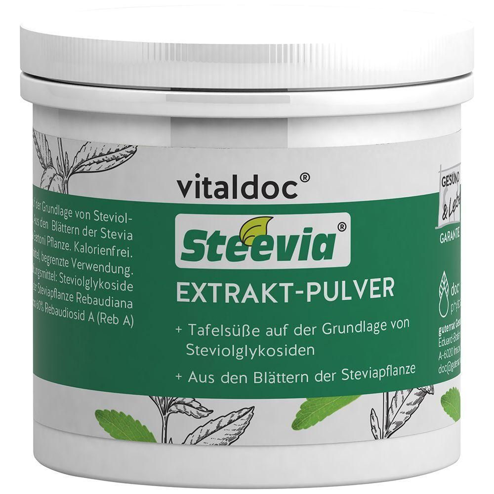 Weißer Behälter mit grünem Etikett. Darauf steht "vitaldoc Steevia Extrakt-Pulver". Text: "Tafelsüße auf der Grundlage von Steviolglykosiden".