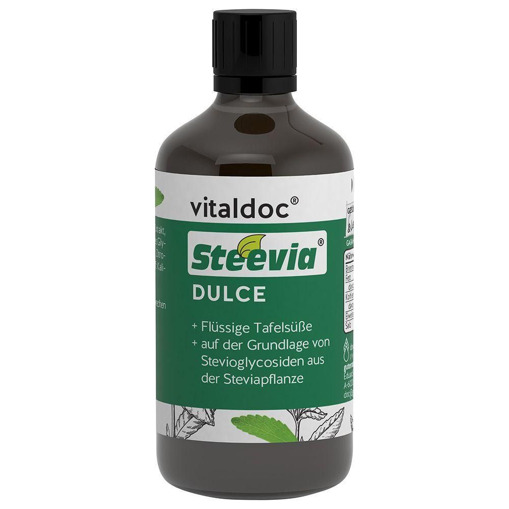 Braune Flasche mit schwarzem Deckel. Aufschrift: vitaldoc Steevia DULCE. Grünes Etikett mit Text und Stevia-Blatt-Illustration.