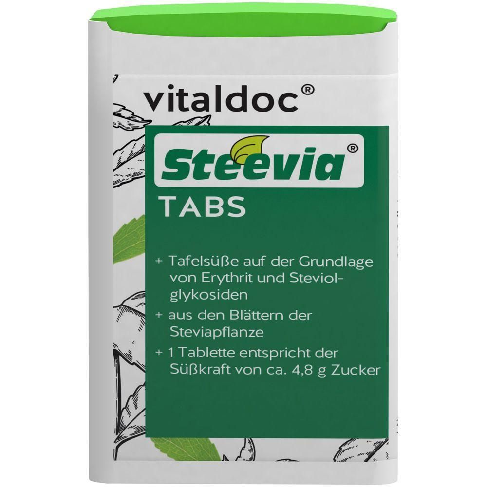 Weißer Behälter mit grünem Deckel. Aufschrift: vitaldoc®, Steevia TABS. Grünes Etikett mit Text.