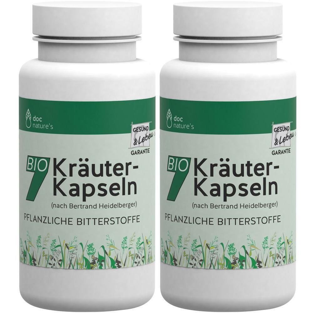 Zwei weiße Flaschen mit grünen Etiketten. Aufschrift: BIO 7 Kräuter-Kapseln, Pflanzliche Bitterstoffe. Marke: doc nature's.