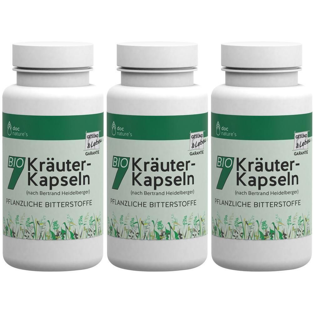 Drei weiße Flaschen mit grünen Etiketten. Aufschrift: BIO 7 Kräuter-Kapseln. Pflanzliche Bitterstoffe. Deckel weiß. Marke: doc nature's.