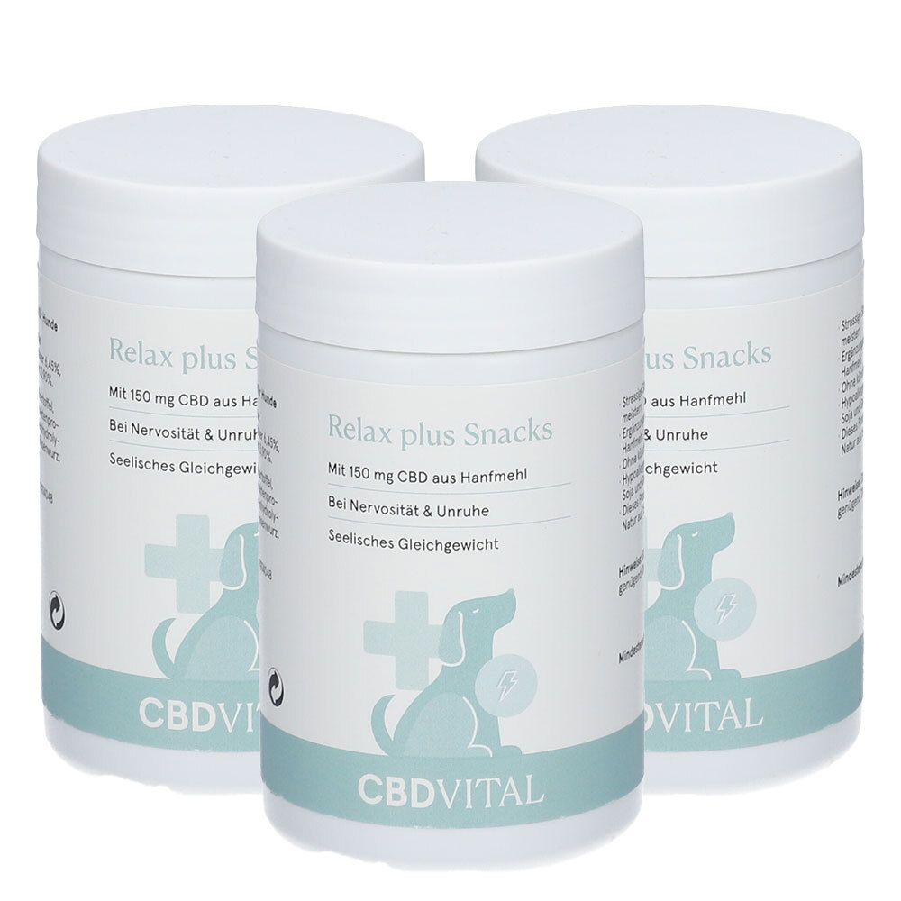 Drei weiße Behälter mit CBDVITAL Relax plus Snacks für Hunde. Enthält 150 mg CBD aus Hanf.