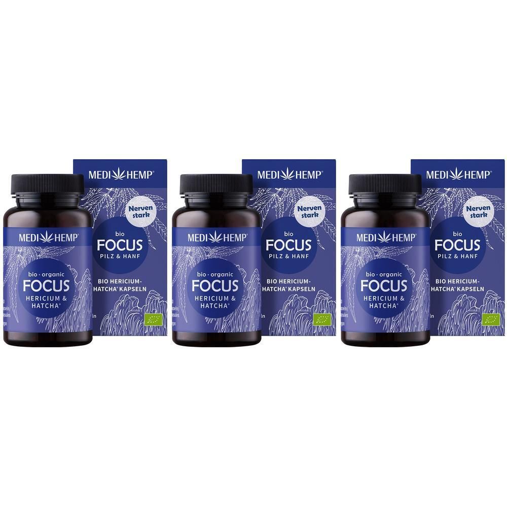 Drei Flaschen und drei Schachteln. Auf den Flaschen und Schachteln steht "MEDIHEMP FOCUS". Auf den Schachteln steht "Nerven stark".