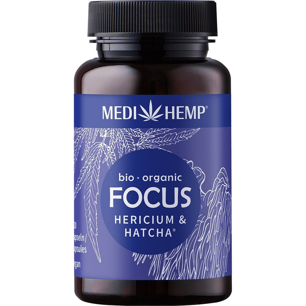 Braune Flasche mit schwarzem Deckel. Auf dem Etikett steht "MEDIHEMP FOCUS HERICIUM & HATCHA".