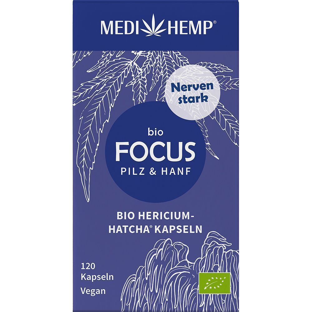 Blaue Schachtel mit weißem Aufdruck. Auf der Schachtel steht "MEDIHEMP FOCUS PILZ & HANF". Mit dem Label "Nerven stark".