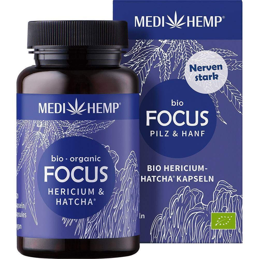 Braune Flasche mit Kapseln. Aufschrift: MEDIHEMP, bio FOCUS, HERICIUM & HATCHA. Blaue Verpackung mit Text und Logo. Bio-Siegel.