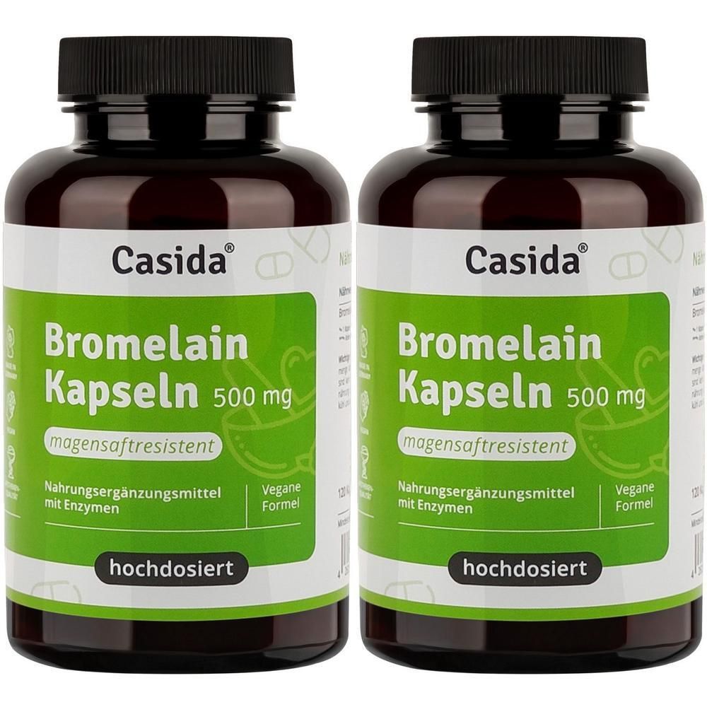 Zwei Flaschen Casida® Bromelain Kapseln 500 mg. Braune Flaschen mit schwarzen Deckeln und grünen Etiketten. Aufschrift: Bromelain Kapseln 500 mg.