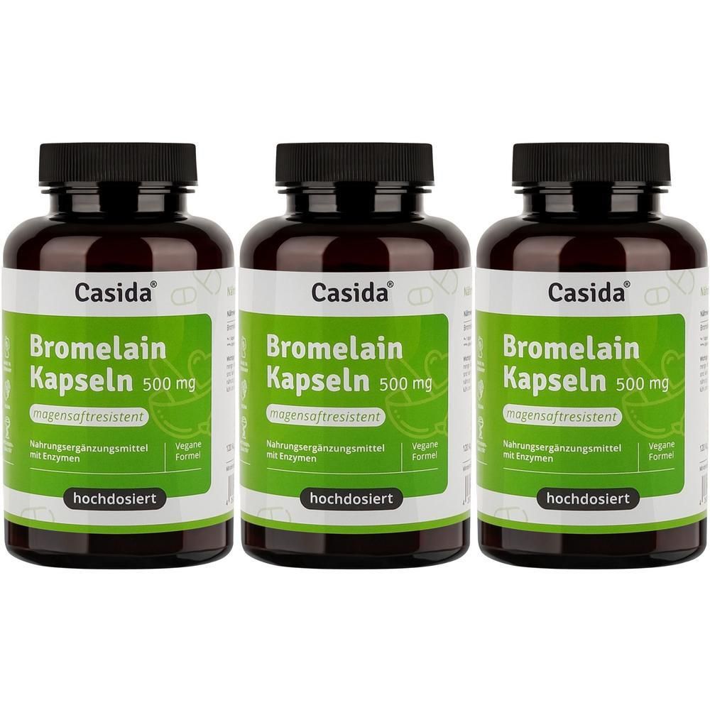 Drei Flaschen Casida® Bromelain Kapseln 500 mg. Braune Flaschen mit schwarzen Deckeln und grünen Etiketten. Text: Bromelain Kapseln 500 mg.