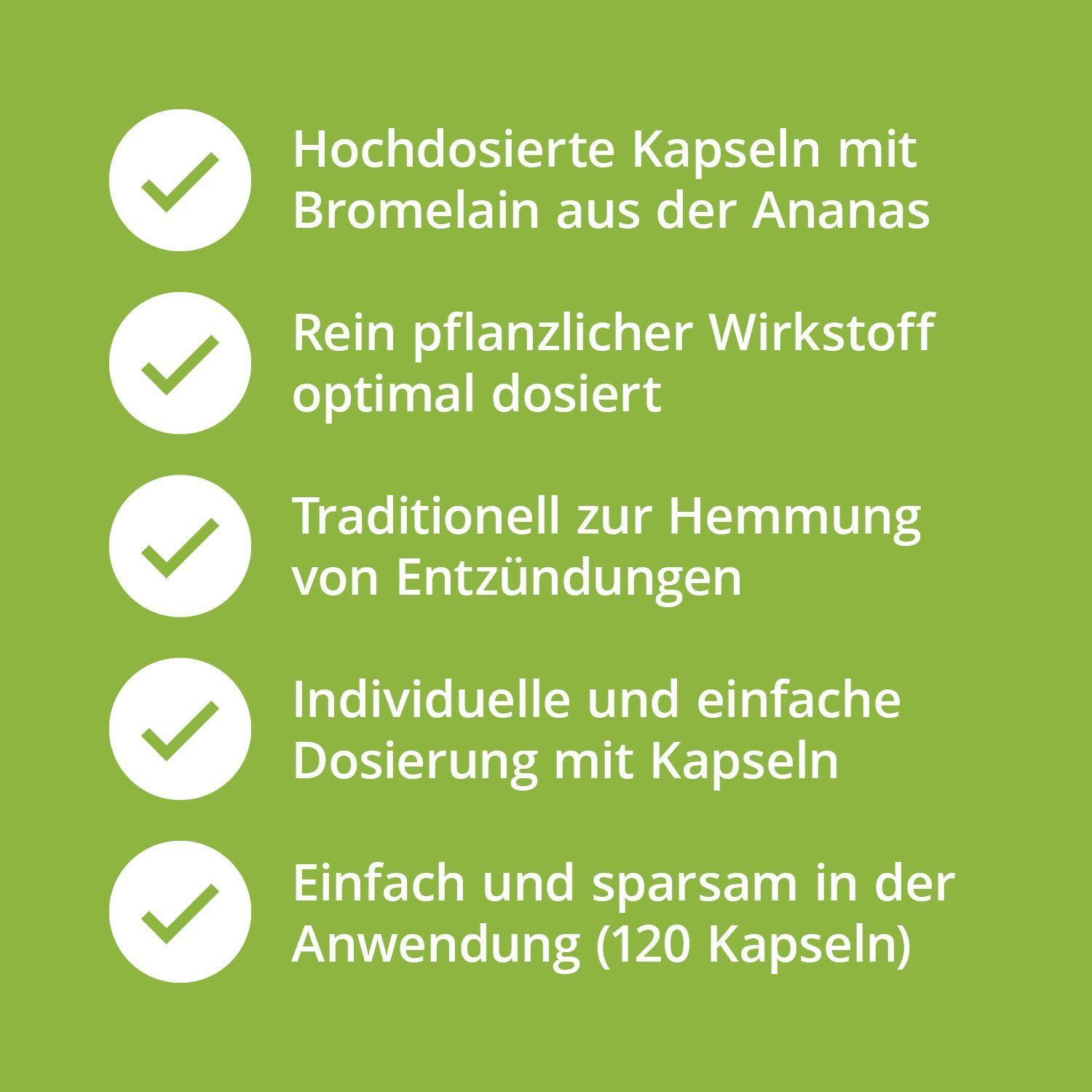 Grüner Hintergrund mit weißen Texten und Häkchen. Text: Hochdosierte Kapseln, rein pflanzlich, zur Hemmung von Entzündungen, einfache Dosierung.