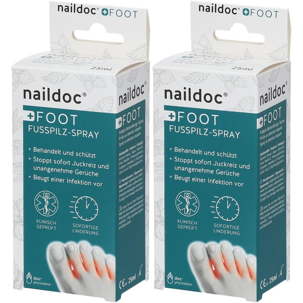 Zwei Schachteln mit naildoc® FOOT Fußpilz-Spray. Weiße Verpackung mit grünen Akzenten. Text: FUSSPILZ-SPRAY, klinisch geprüft, sofortige Linderung. Abbildung eines Fußes.