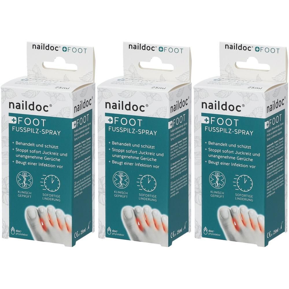 Drei Schachteln naildoc FOOT Fußpilz-Spray. Weiße Verpackung mit Produktnamen und Fußabbildung. Enthält Informationen zur Anwendung.