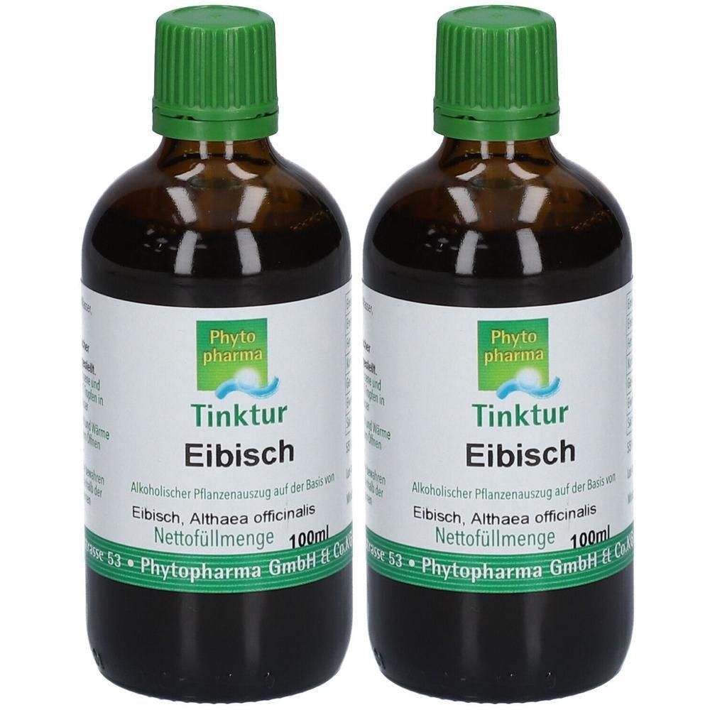 Zwei braune Glasflaschen mit grünem Verschluss. Etikett mit "Tinktur Eibisch" und "Phyto pharma".