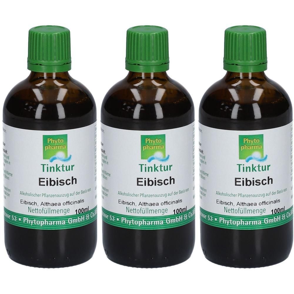 Drei braune Glasflaschen mit grünen Deckeln. Auf den Etiketten steht "Tinktur Eibisch" und "Phytopharma".