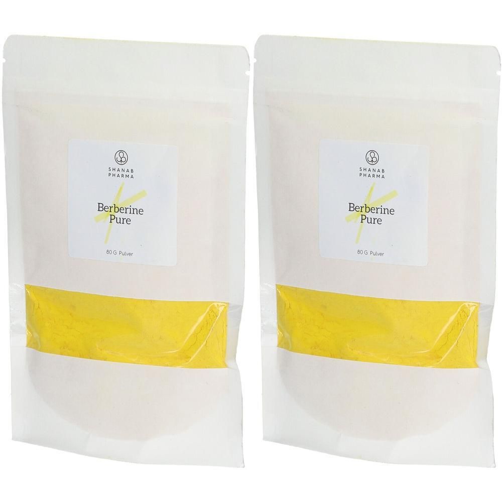 Zwei Beutel mit weißem Pulver und gelbem Bereich. Aufkleber mit "Berberine Pure" und Logo.
