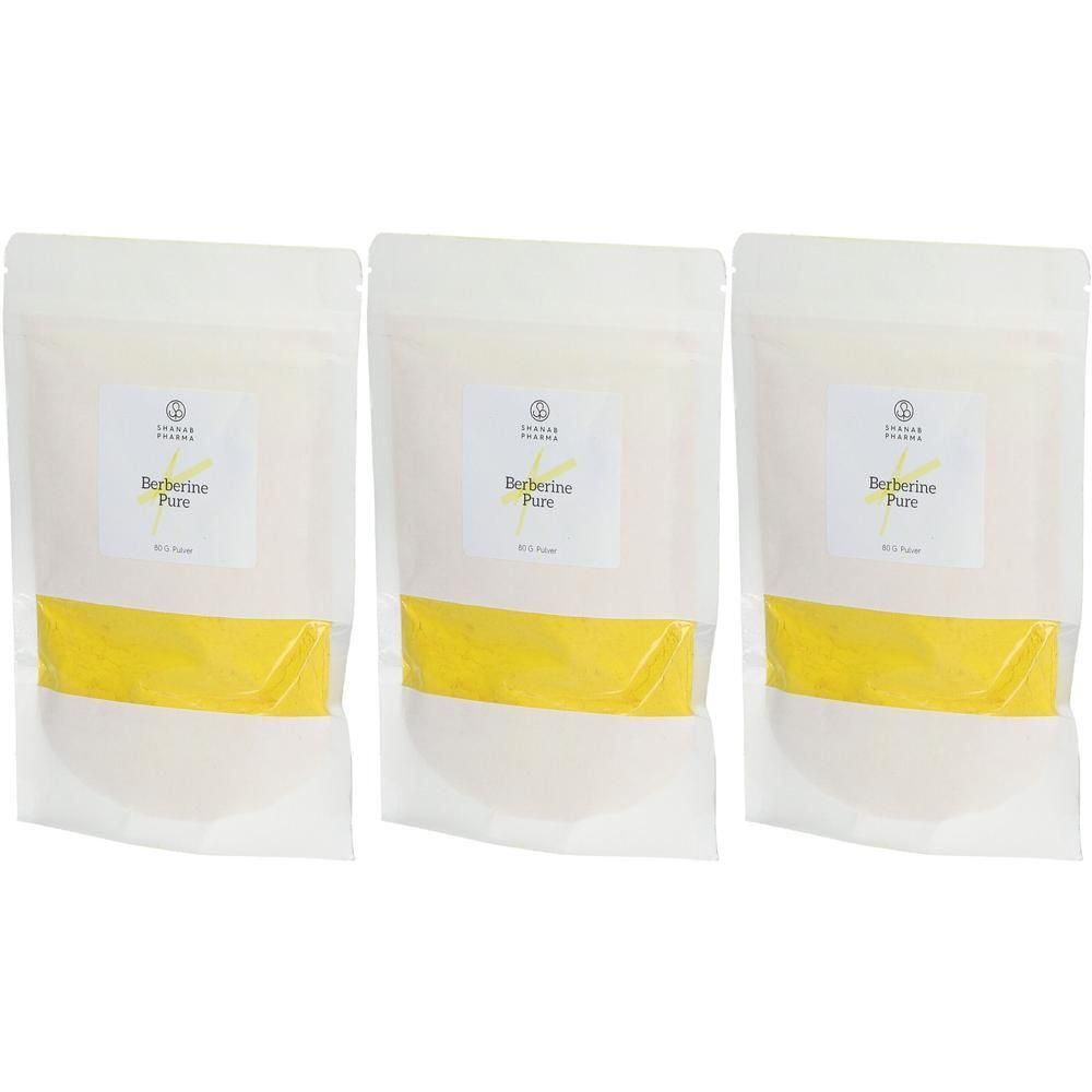Drei Beutel mit gelbem Pulver. Aufschrift: Berberine Pure. Marke: Shanab Pharma. Weiße, transparente Verpackung.