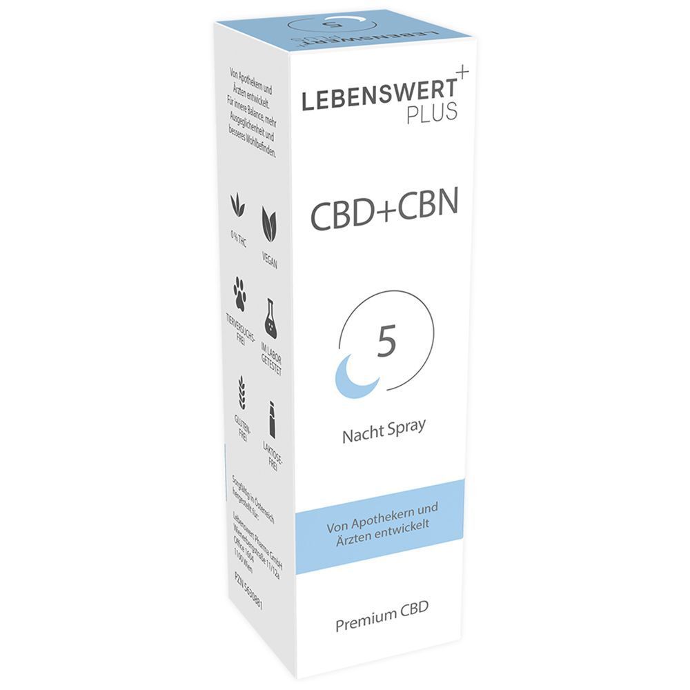 Weißer Karton mit Produktinformationen. Aufschrift: LEBENSWERT+ CBD+CBN 5 Nacht Spray. Logos und Text. Premium CBD. Von Apothekern und Ärzten entwickelt.