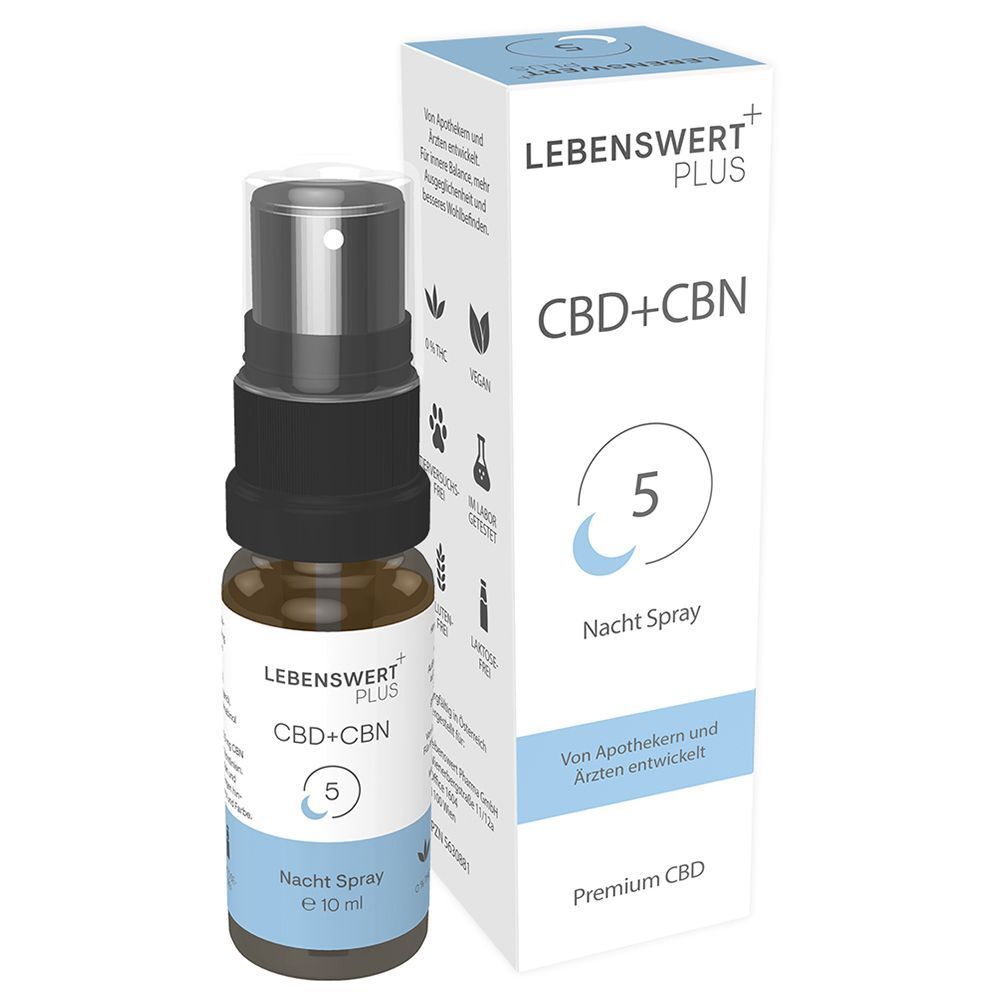 Sprühflasche neben Verpackung. Flasche: LEBENSWERT+ CBD+CBN 5 Nacht Spray. Verpackung: gleiche Aufschrift.
