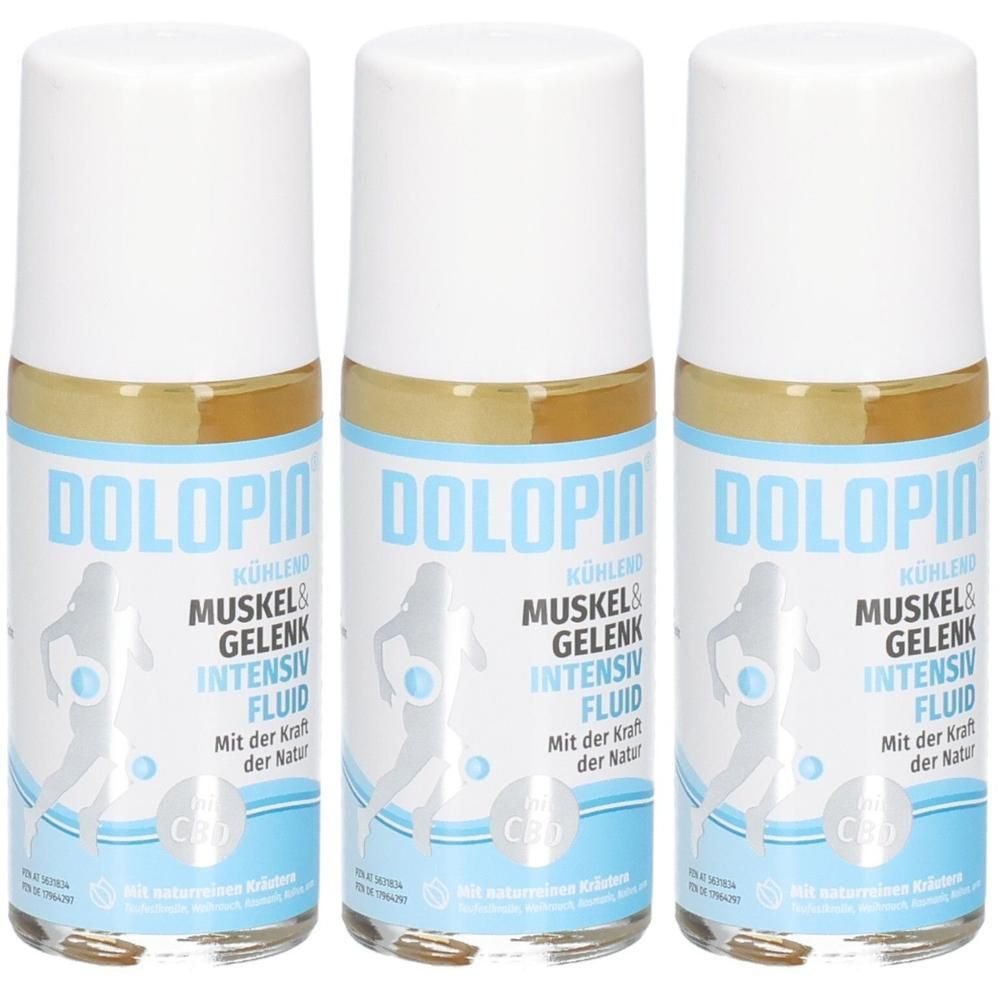 Drei Flaschen mit weißem Deckel und blauer Beschriftung. Aufschrift: DOLOPIN, MUSKEL & GELENK INTENSIV FLUID. Abbildung einer Person.