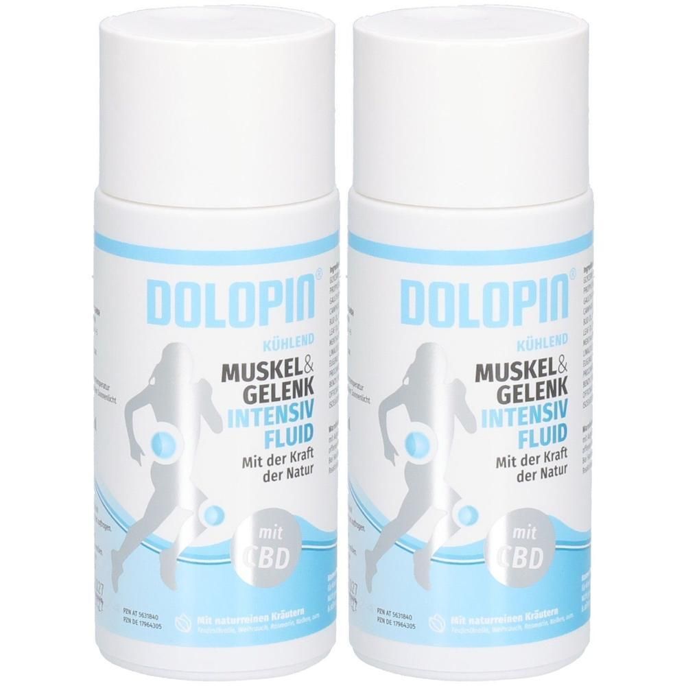 Zwei weiße Flaschen mit blau-weißer Beschriftung. Aufschrift: DOLOPIN, MUSKEL & GELENK INTENSIV FLUID. Mit CBD. Kühlend.