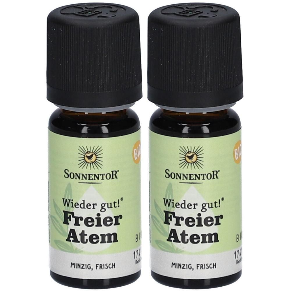 Zwei kleine braune Glasflaschen mit schwarzem Deckel. Aufschrift: Sonnentor, Freier Atem. Bio-Zertifizierung.
