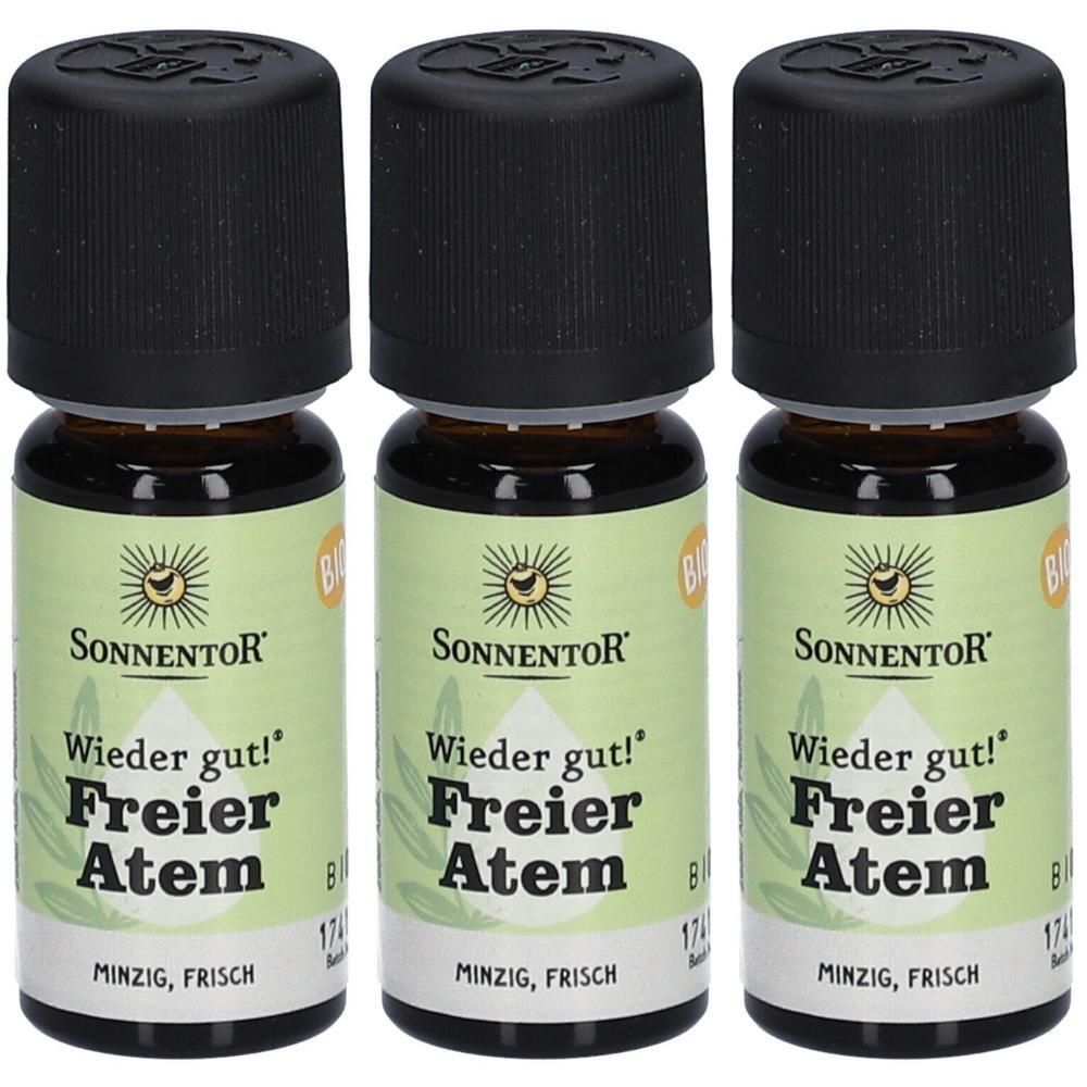 Drei Fläschchen mit schwarzem Deckel. Aufschrift: Sonnentor, Freier Atem, Bio. Grünes Etikett mit Text. Braunes Glas.