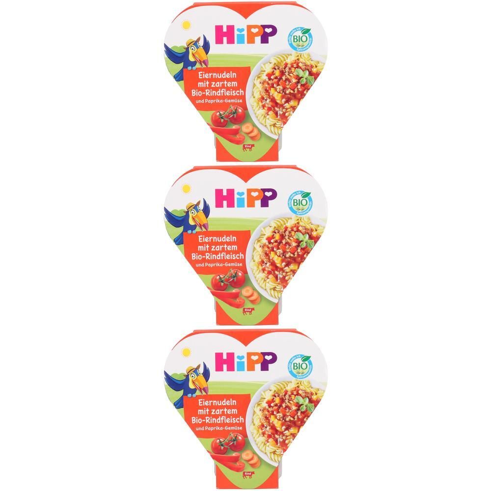 Drei herzförmige Verpackungen mit HiPP-Logo und Produktbild. Text: Eiernudeln mit zartem Bio-Rindfleisch und Paprika-Gemüse.