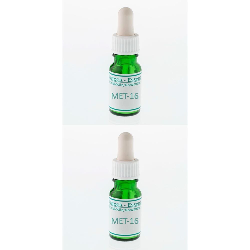 Zwei grüne Glasflaschen mit weißem Verschluss und Pipette. Aufschrift: MET-16.