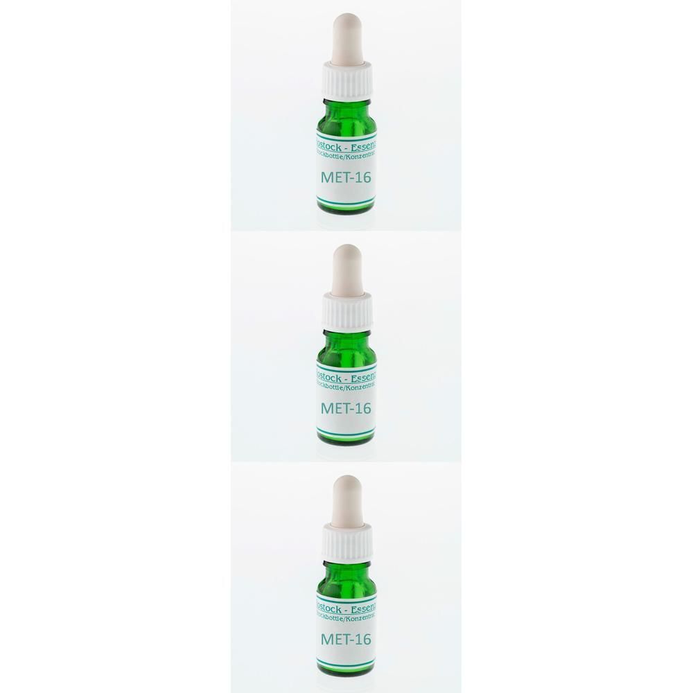 Drei grüne Glasflaschen mit weißem Verschluss und Pipette. Aufkleber mit "MET-16".