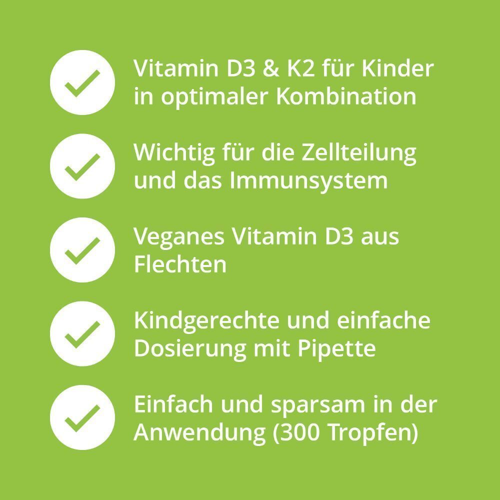 Grüner Hintergrund mit weißen Textfeldern. Text: Vitamin D3 & K2 für Kinder, wichtig für Immunsystem, vegan, einfache Dosierung.