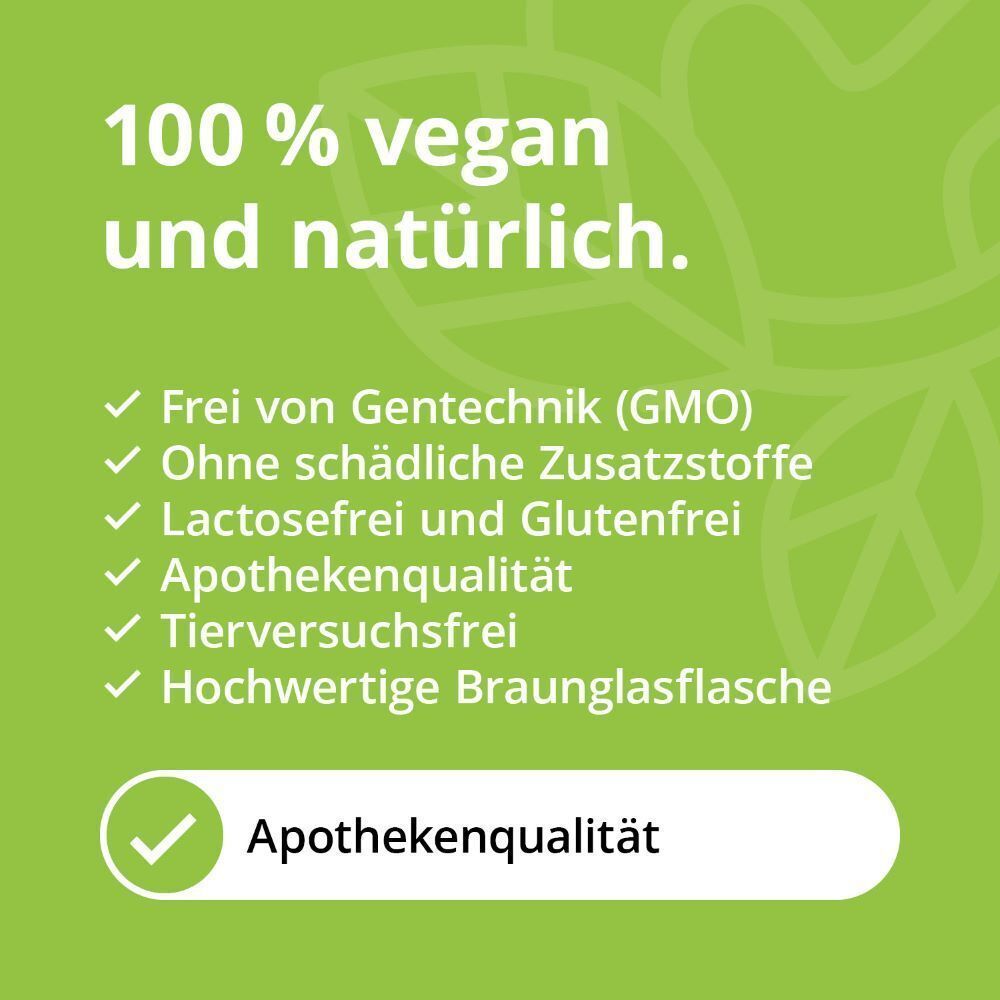 Text auf grünem Hintergrund. Themen: 100% vegan und natürlich. Frei von Gentechnik, ohne Zusatzstoffe, laktosefrei, glutenfrei, Apothekenqualität.