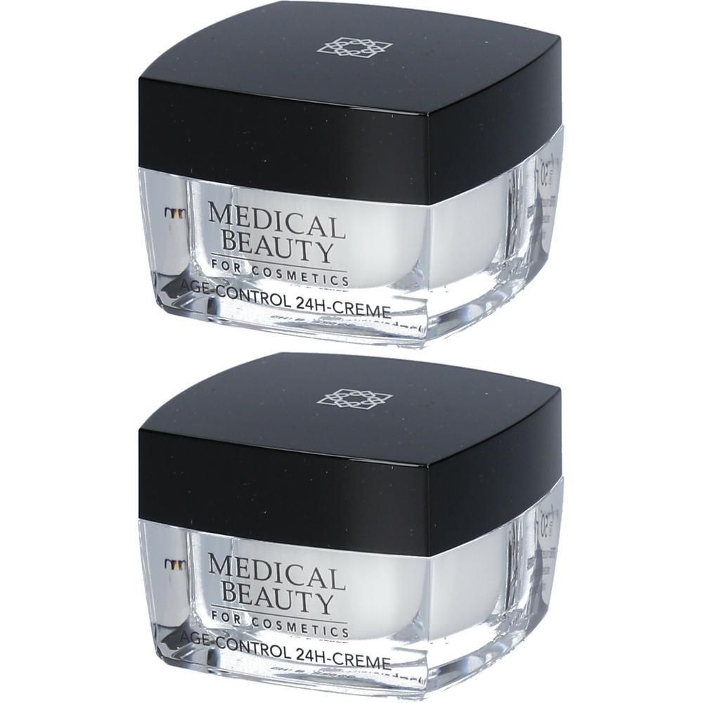 Zwei Tiegel MEDICAL BEAUTY AGE-CONTROL 24h Creme. Schwarzer Deckel, transparente Dose mit weißem Inhalt. Logo und Schriftzug.