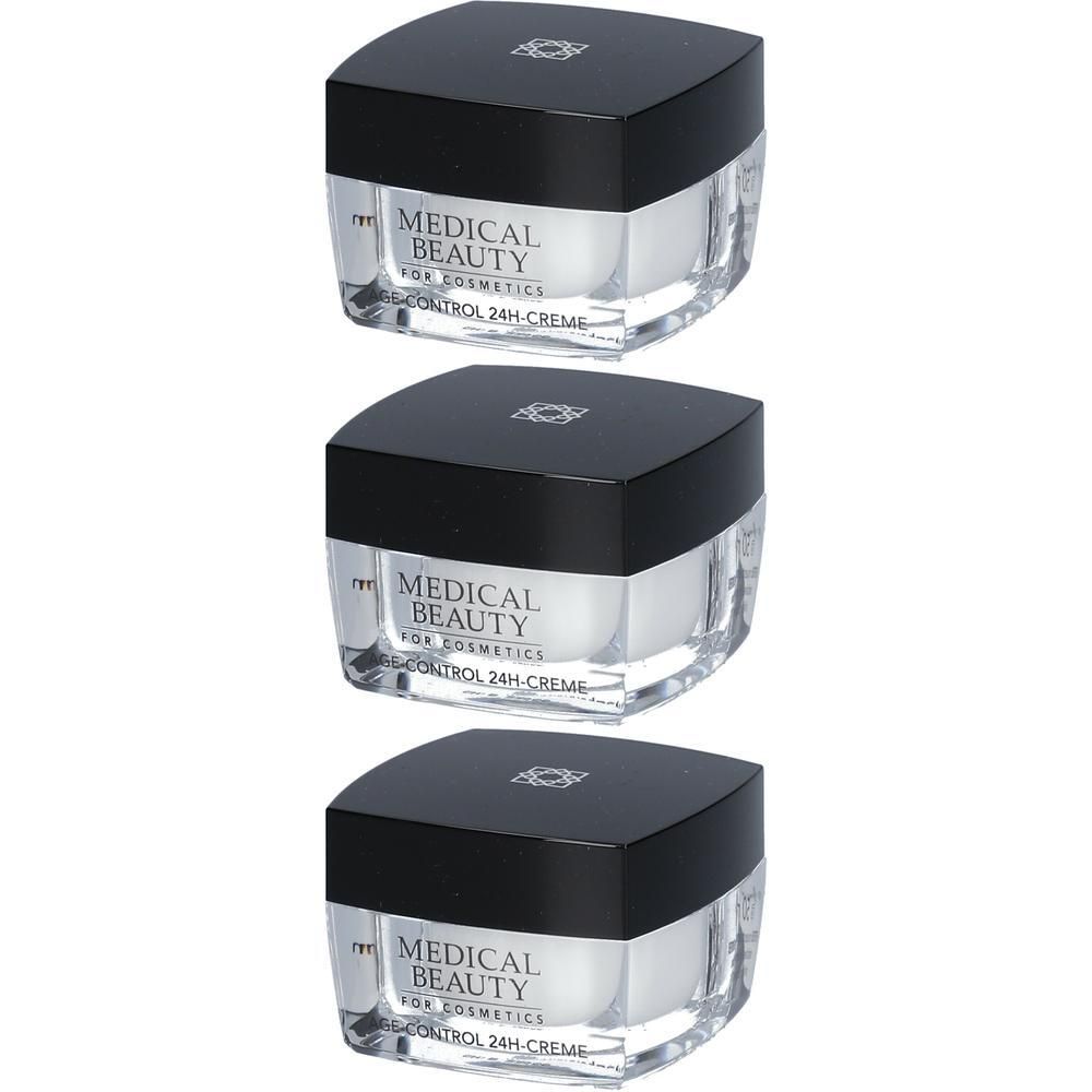 Drei Tiegel MEDICAL BEAUTY AGE-CONTROL 24 h Creme. Schwarze Deckel, transparente, facettierte Gläser. Logo auf Deckel. Schriftzug auf dem Glas.