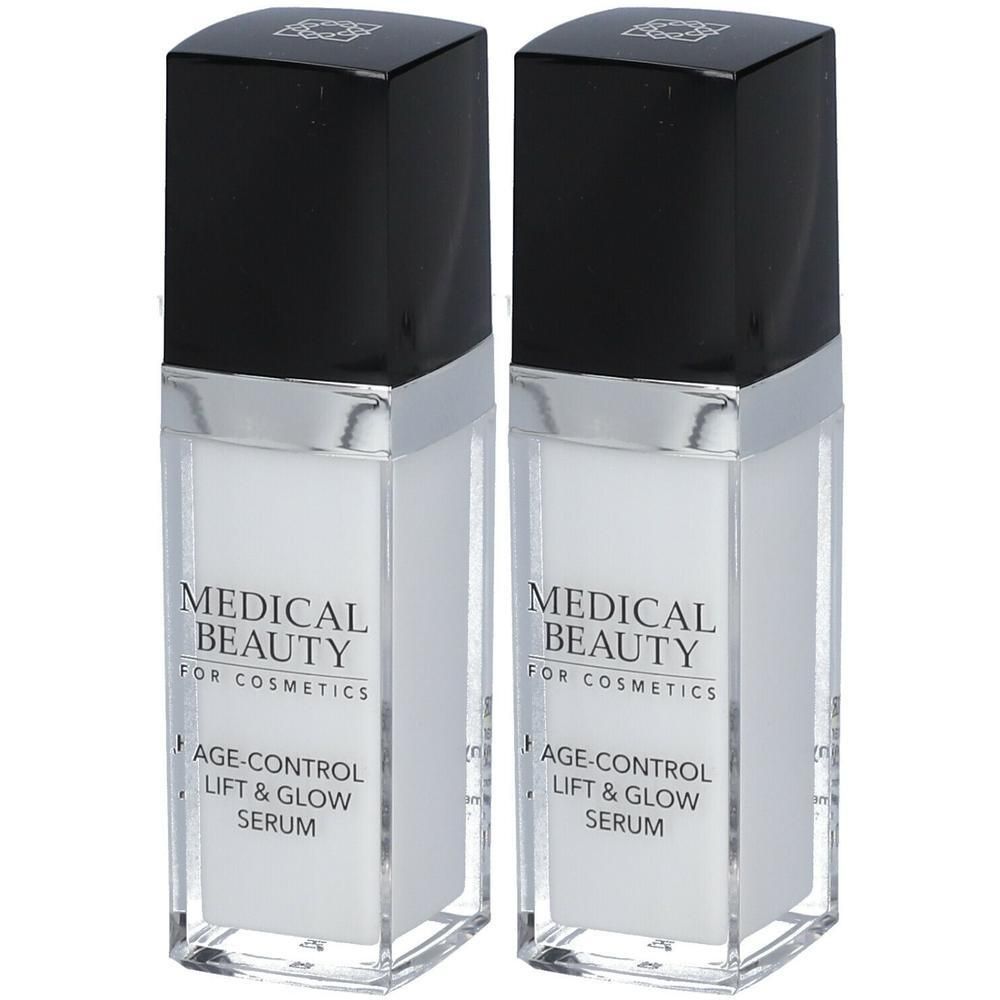 Zwei Flakons MEDICAL BEAUTY AGE-CONTROL Lift & Glow Serum. Rechteckige, transparente Flaschen mit schwarzem Deckel und silberner Umrandung.