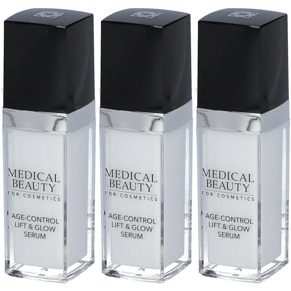 Drei Flakons MEDICAL BEAUTY AGE-CONTROL Lift & Glow Serum. Weiße, rechteckige Flakons mit schwarzem Deckel und silberner Umrandung. Text auf Etikett.