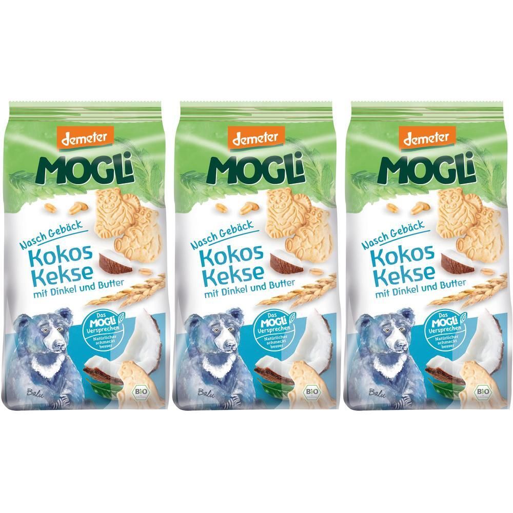 Drei Beutel MOGLi Bio Kokos Kekse. Aufdruck: Kokos Kekse mit Dinkel und Butter, Demeter-Siegel, Abbildung von Keksen, Kokosnuss und Bär.