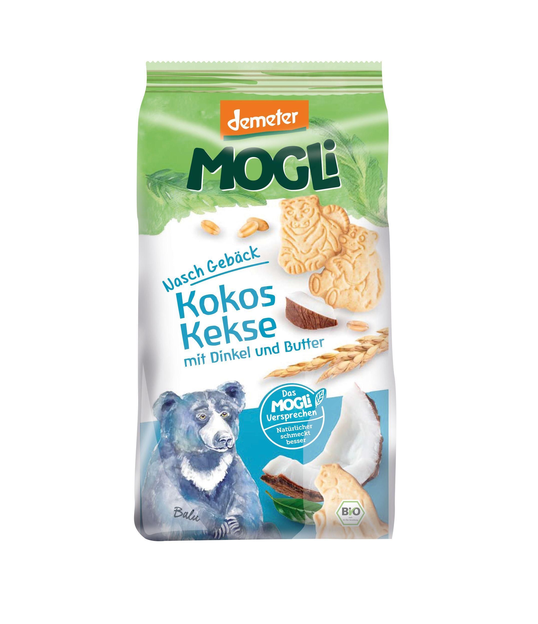 Verpackung mit MOGLi Bio Kokos Kekse. Aufdruck: Kokos Kekse mit Dinkel und Butter. Abbildung von Keksen, Kokosnuss und Bär.